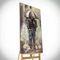 Didelis 3D metalo menas Žmogus lietuje su skėčiu, aukštis 120 cm, plotis 60 cm, svoris 8 kg