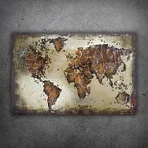 3D metal wall art of world map in brown tones Industrial Earth metallic cartography, 70x120cm