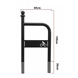 Outdoor metal bicycle parking rack from steel with bicycle logo, black color, concrete-anchored, size 100x60 cm