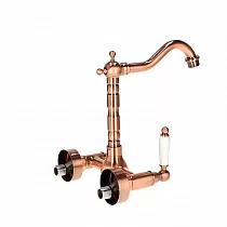 Design wall faucet made of brass and ceramic, antique rose gold color effect, height 26 cm, spout length 18 cm