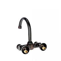 Classic bathroom wall faucet made of brass, black color, height 24 cm, spout length 19 cm