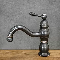 Žemo aukščio retro stiliaus praustuvo maišytuvas iš juodo žalvario, aukštis 23 cm, snapelio ilgis 16,5 cm