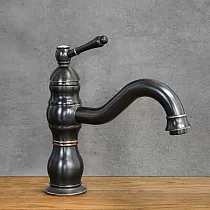 Žemo aukščio retro stiliaus praustuvo maišytuvas iš juodo žalvario, aukštis 23 cm, snapelio ilgis 16,5 cm