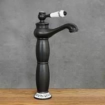 Retro stiilis messingist keraamiliste elementidega kraanikausisegisti, must-valge värv, kõrgus 31 cm, tila pikkus 11,5 cm
