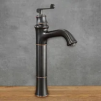 Retro-style sink faucet made of brass, black color, height 36 cm, spout length 13.5 cm