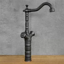 Standing washbasin faucet made of black brass, height 39 cm, spout length 18.5 cm
