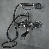 Antique style wall-mounted bath faucet with shower, black brass with shabby effect, height 30 cm, spout length 9 cm