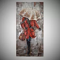 3D metalo kūrinys Moteris lietuje su skėčiu, ūgis 120 cm, plotis 60 cm, svoris 8 kg