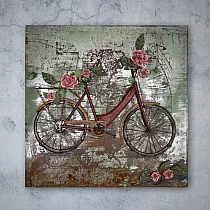 3D metāla sienas māksla Retro sieviešu velosipēds ar ziediem, izmēri 100x100cm, svars 10 kg