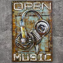 3D Metal Art Work Microphone and Headphones Open Music, dimensions 60x90cm