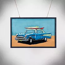 3D metal artwork Beach and a retro car with surfboard on roof, height 60 cm, width 90 cm