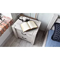 Massive wood nightstand with two drawers, made of spruce, whitewashed finish, height 48 cm, width 54 cm, depth 42 cm, set of 2 pcs