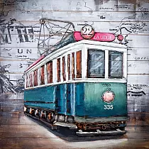 3D metāla mākslas darbs, attēls, Tramvajs Nr.22 krāsots zaļā un baltā krāsā, izmērs 100x100 cm