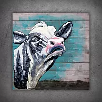 Square 3D metal wall art, picture - white cow with pink nose, dimensions 80x80cm