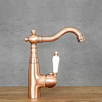 Retro stila izlietnes jaucējkrāns izgatavots no misiņa rozā zelta krāsā ar keramikas galvu, augstums 22 cm, snīpi garums 15 cm