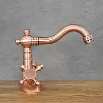 Retro stiliaus kriauklės maišytuvas iš žalvario rožinio aukso spalvos, aukštis 16,5 cm, snapelio ilgis 15 cm