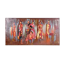 3D metallist kunstiteos, seinakunst Inimesed tänaval, punakates toonides, mõõdud 140x70cm