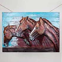 3D metalo sienų piešinys, metalo tapyba 3 arkliukai, rudais ir mėlynais tonais, matmenys 100x70 cm