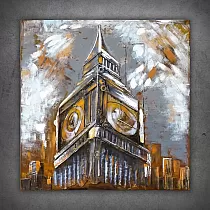 3D metallikunst, pilt, seinadekoor Big Ben of London, oranžides toonides, suurus 100x100cm