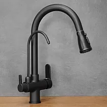 Modernus virtuvinis čiaupas pagamintas iš žalvario elegantiškos juodos spalvos, 360 laipsnių pasukamas, ištraukiamas snapelis, su papildomu geriamojo vandens snapeliu, aukštis 41 cm, snapelio ilgis 19 cm