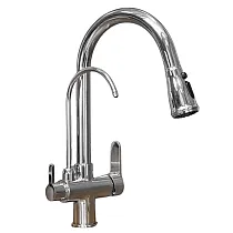 Modern kitchen tap made of brass in chrome color, 360 degree rotatable, pull-out spout, with additional drinking water spout, height 41 cm, spout length 19 cm