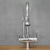 Modern kitchen tap made of brass in chrome color, 360 degree rotatable, pull-out spout, with additional drinking water spout, height 41 cm, spout length 19 cm