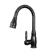 Retro-style kitchen mixer tap made of brass with pull-out spout, black color, height 40 cm