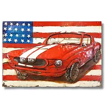 3D metālmāksla, attēls, sienas dekors - sarkans sporta auto un ASV karogs, izmēri 120x80cm
