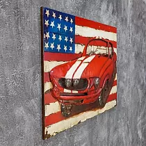 3D metālmāksla, attēls, sienas dekors - sarkans sporta auto un ASV karogs, izmēri 120x80cm