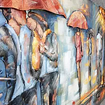 3D metalo sienos kūrinys Žmonės lietuje, matmenys 80x120 cm