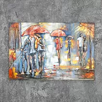 3D metalo sienos kūrinys Žmonės lietuje, matmenys 80x120 cm