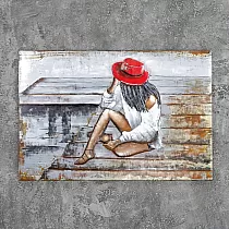 3D metāla sienas māksla Elegantā dāma sarkanā cepurē, izmēri 120x70 cm