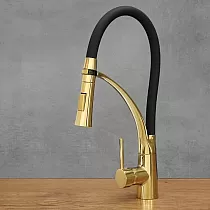 360 laipsnių besisukantis virtuvės čiaupas pagamintas iš nerūdijančio plieno, aukštis 43 cm, snapelio ilgis 17 cm, spalva juoda ir senovinis auksas