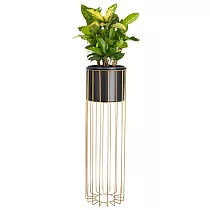 Metal designed flower pot made of rods golden color and plastic basket black color, width 20 cm, height 70 cm