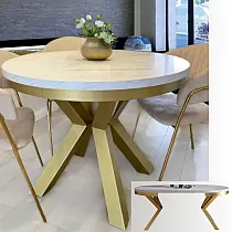 Round extendable dining table with golden legs, diameter 100 cm or 120 cm, maximal length 176 cm or 196 cm, different tabletops finishes