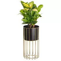 Metalo dizaino gėlių vazonas iš plieninių strypų auksinės spalvos ir plastikinio krepšelio juodos spalvos, plotis 20 cm, aukštis 46 cm