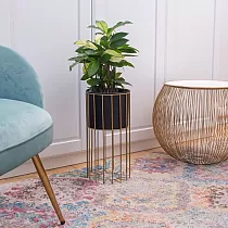 Metal designed flower pot made of steel rods golden color and plastic basket black color, width 20 cm, height 46 cm