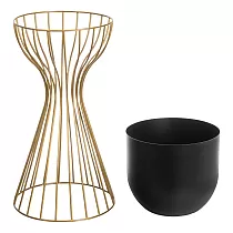 Metal designed flower pot made of steel rods golden color and plastic basket black color, width 20 cm, height 46 cm