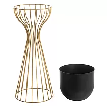 Metalo dizaino gėlių vazonas iš plieninių strypų auksinės spalvos ir plastikinio krepšelio juodos spalvos, plotis 20 cm, aukštis 55 cm