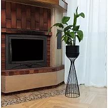 Steel flower stand made of curved black finish steel rods and black plastic basket, height 68 cm, width 20 cm