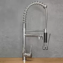Industrial style kitchen faucet made of brass with two spouts - rotating spout with constant flow and pull-out spout with a shower jet, height 54 cm, chrome color