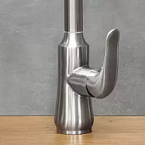 Stainless steel kitchen faucet with pull-out spout, height 46 cm, spout length 17,5 cm, color steel grey