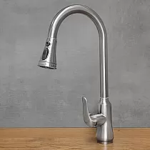 Stainless steel kitchen faucet with pull-out spout, height 46 cm, spout length 17,5 cm, color steel grey