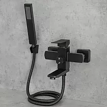Modern-look wall-mounted bathtub faucet with a shower handset, height 15 cm, width 20 cm, color black, finish brushed
