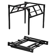 Komplektā 2 kvadrātveida formas saliekamie galda rāmji, augstums 72,5 cm, izmēri 76x76 cm, melnā vai pelēkā krāsā, piemērots liela izmēra galda virsmām ar diametru 120-150 cm
