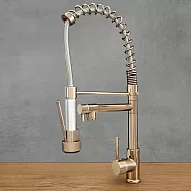 Two spouts kitchen faucet made from brass in Rose gold, industrial-look, rotating spout with constant flow and pull-out spout with a shower jet, total height 54 cm