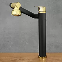 360 laipsnių besisukantis virtuvės čiaupas pagamintas iš nerūdijančio plieno, aukštis 30,5 cm, snapelio ilgis 20 cm, spalva juoda ir auksinė, matinis, blizgus