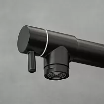 Industrial style kitchen faucet made of brass with 360 degree rotatable spout, height 52 cm, spout length 20 cm, black color, matte