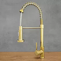 Industrial style kitchen faucet made of brass with 360 degree rotatable spout, height 47 cm, spout length 18 cm, antique gold, polished