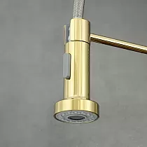 Industrial style kitchen faucet made of brass with 360 degree rotatable spout, height 47 cm, spout length 18 cm, antique gold, polished